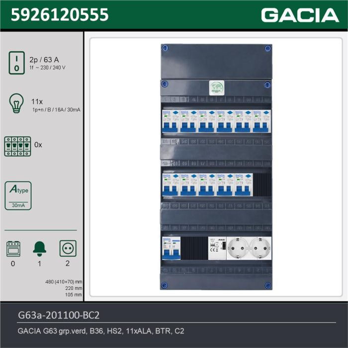 GACIA G63a-201100-BC2, 1-fase groepenkast 63A met aardlekautomaten, 11-groepen, beltrafo, 2V-contactdoos, technische gegevens
