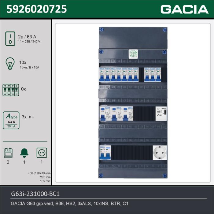 GACIA G63i-231000-BC1, 1-fase groepenkast 63A met installatieautomaten, 10-groepen, beltrafo, 1V-contactdoos, technische gegevens