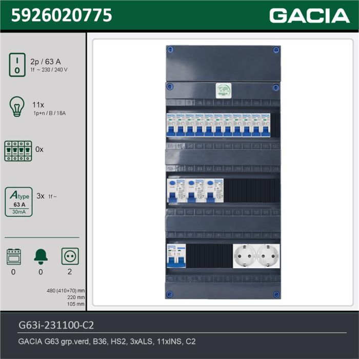 GACIA G63i-231100-C2, 1-fase groepenkast 63A met installatieautomaten, 11-groepen, 2V-contactdoos, technische gegevens