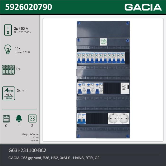 GACIA G63i-231100-BC2, 1-fase groepenkast 63A met installatieautomaten, 11-groepen, beltrafo, 2V-contactdoos, technische gegevens