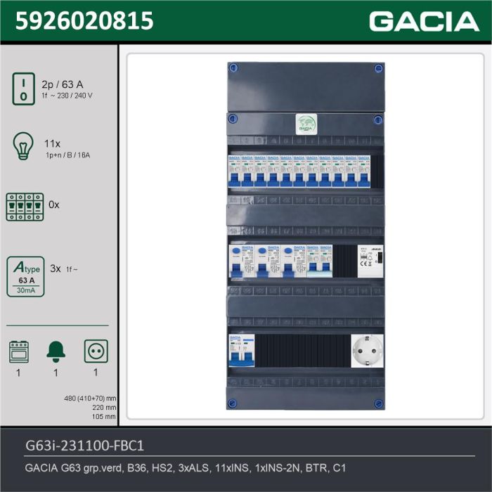 GACIA G63i-231100-FBC1, 1-fase groepenkast 63A met installatieautomaten, 12-groepen, fornuisgroep, beltrafo, 1V-contactdoos, technische gegevens