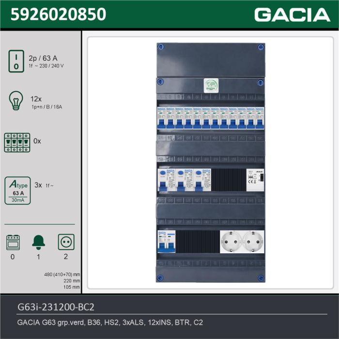 GACIA G63i-231200-BC2, 1-fase groepenkast 63A met installatieautomaten, 12-groepen, beltrafo, 2V-contactdoos, technische gegevens