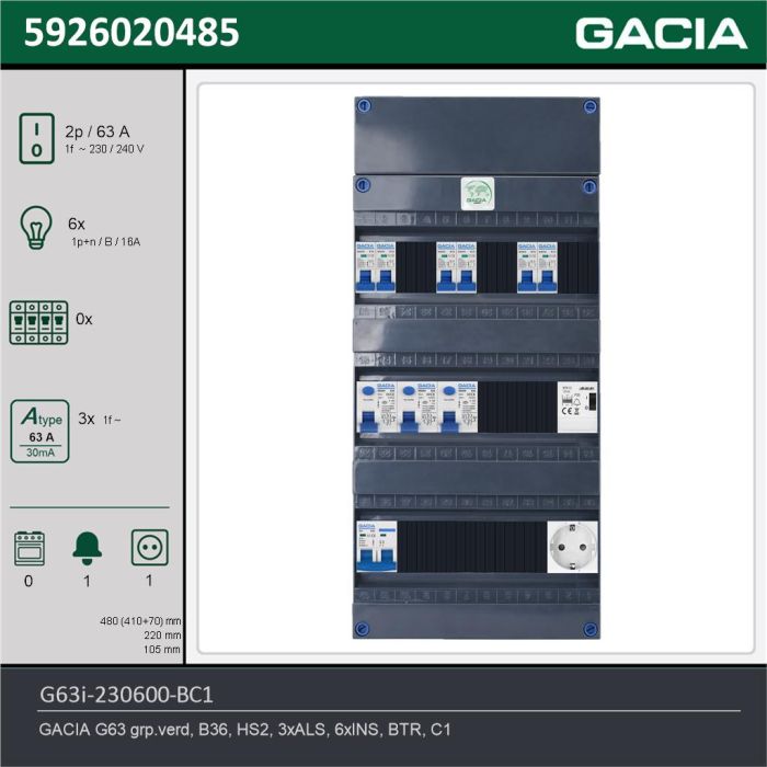 GACIA G63i-230600-BC1, 1-fase groepenkast 63A met installatieautomaten, 6-groepen, beltrafo, 1V-contactdoos, technische gegevens