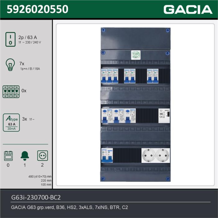 GACIA G63i-230700-BC2, 1-fase groepenkast 63A met installatieautomaten, 7-groepen, beltrafo, 2V-contactdoos, technische gegevens