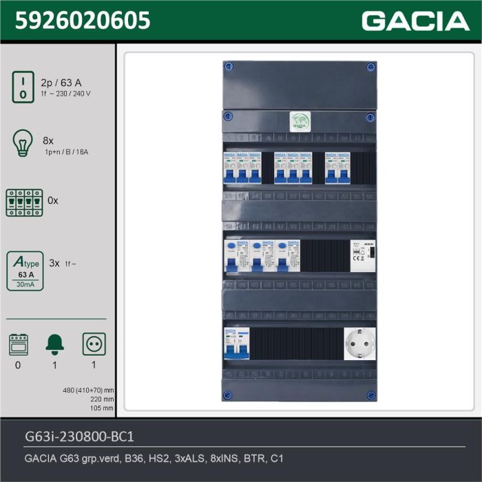 GACIA G63i-230800-BC1, 1-fase groepenkast 63A met installatieautomaten, 8-groepen, beltrafo, 1V-contactdoos, technische gegevens