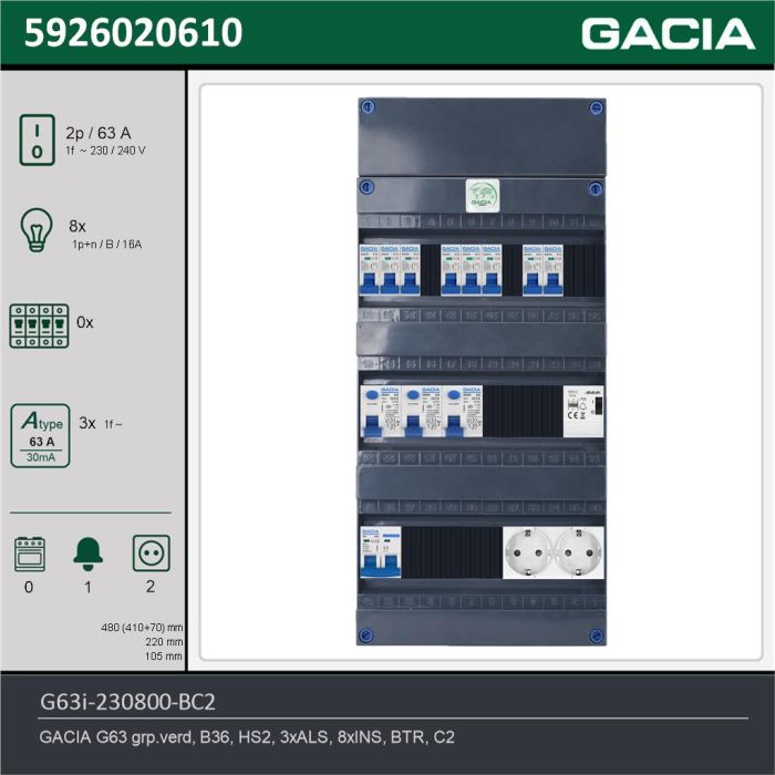 GACIA G63i-230800-BC2, 1-fase groepenkast 63A met installatieautomaten, 8-groepen, beltrafo, 2V-contactdoos, technische gegevens