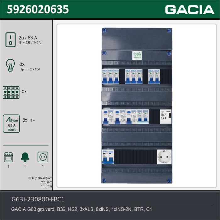 GACIA G63i-230800-FBC1, 1-fase groepenkast 63A met installatieautomaten, 9-groepen, fornuisgroep, beltrafo, 1V-contactdoos, technische gegevens