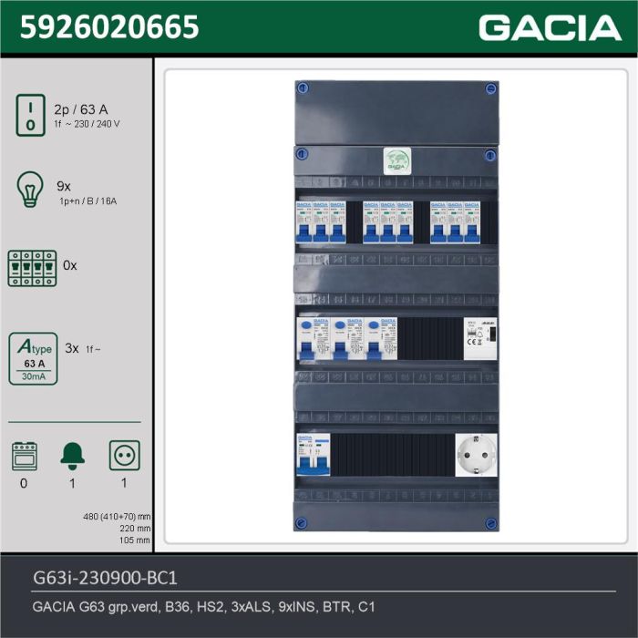 GACIA G63i-230900-BC1, 1-fase groepenkast 63A met installatieautomaten, 9-groepen, beltrafo, 1V-contactdoos, technische gegevens