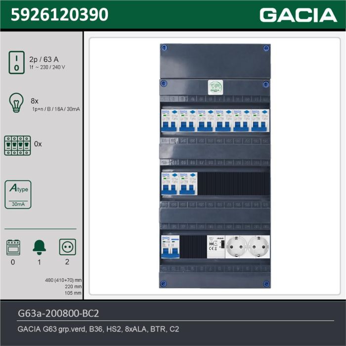 GACIA G63a-200800-BC2, 1-fase groepenkast 63A met aardlekautomaten, 8-groepen, beltrafo, 2V-contactdoos, technische gegevens