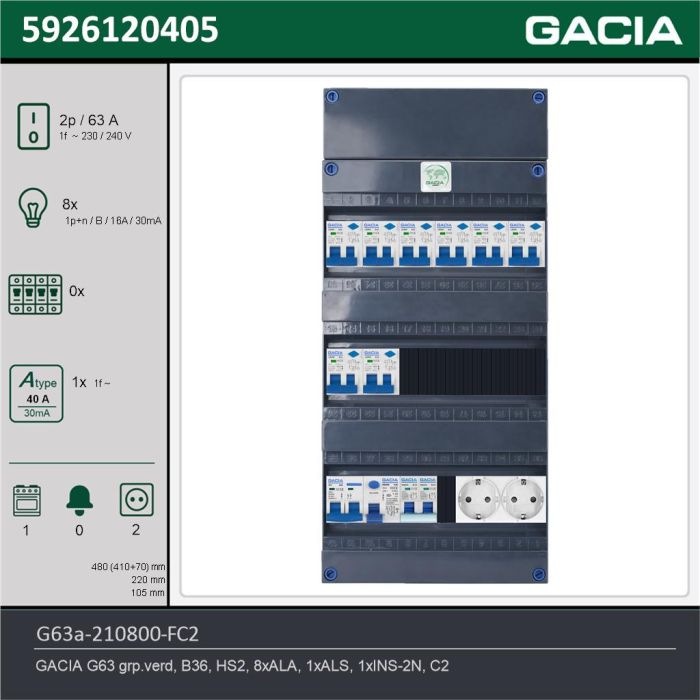 GACIA G63a-210800-FC2, 1-fase groepenkast 63A met aardlekautomaten, 9-groepen, fornuisgroep, 2V-contactdoos, technische gegevens