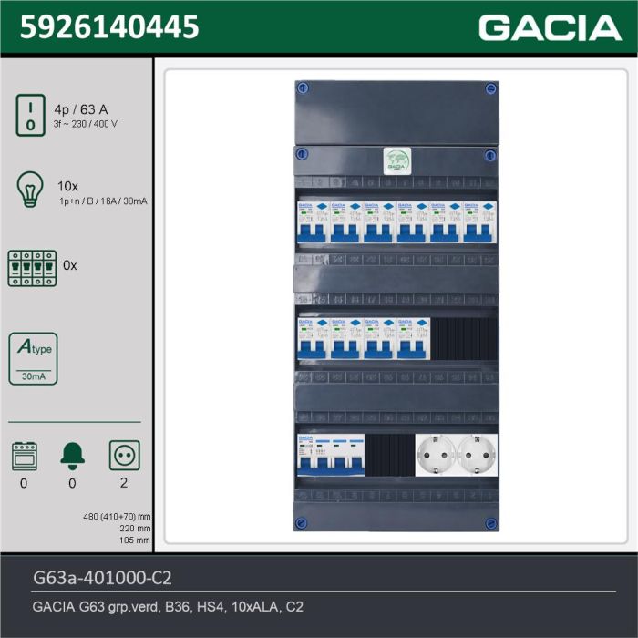 GACIA G63a-401000-C2, 3-fase groepenkast 63A met aardlekautomaten, 10-groepen, 2V-contactdoos, technische gegevens