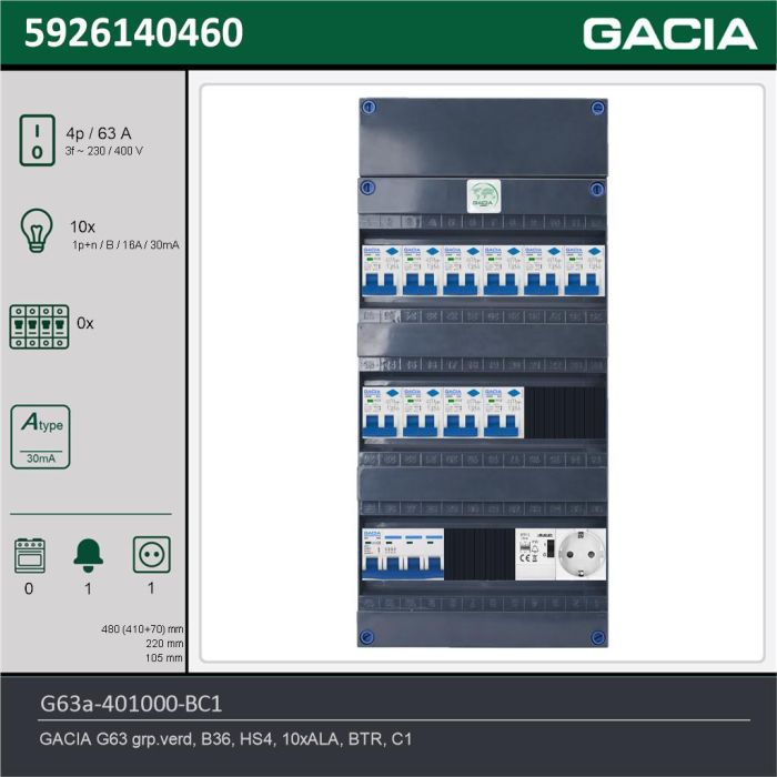 GACIA G63a-401000-BC1, 3-fase groepenkast 63A met aardlekautomaten, 10-groepen, beltrafo, 1V-contactdoos, technische gegevens
