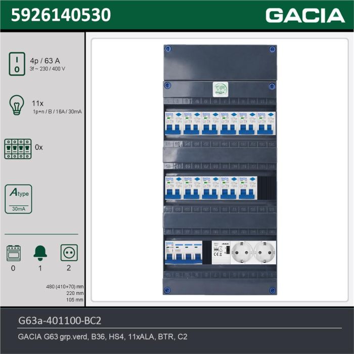GACIA G63a-401100-BC2, 3-fase groepenkast 63A met aardlekautomaten, 11-groepen, beltrafo, 2V-contactdoos, technische gegevens