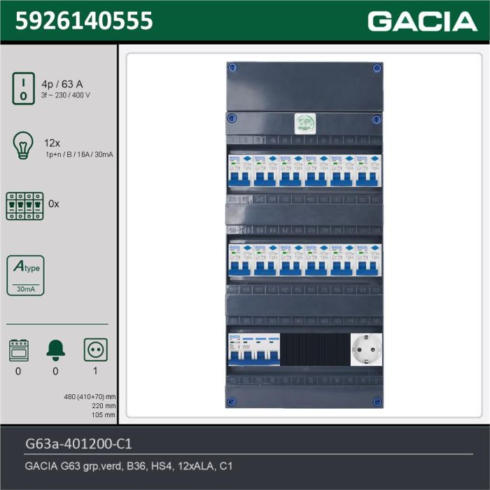 GACIA G63a-401200-C1, 3-fase groepenkast 63A met aardlekautomaten, 12-groepen, 1V-contactdoos, technische gegevens