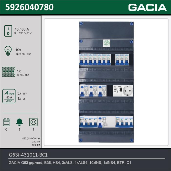 GACIA G63i-431011-BC1, 3-fase groepenkast 63A met installatieautomaten, 11-groepen, beltrafo, 1V-contactdoos, technische gegevens