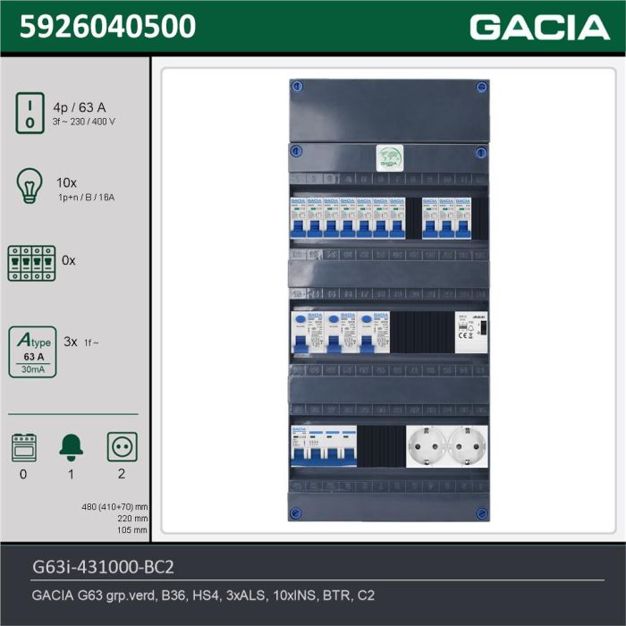 GACIA G63i-431000-BC2, 3-fase groepenkast 63A met installatieautomaten, 10-groepen, beltrafo, 2V-contactdoos, technische gegevens