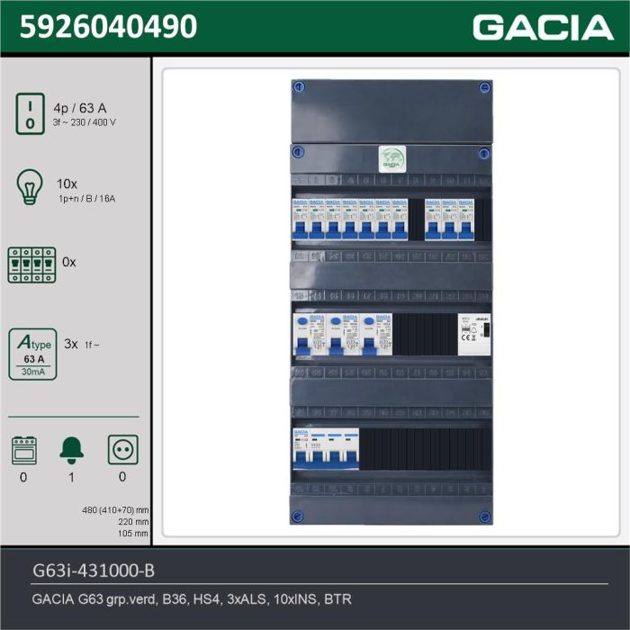 GACIA G63i-431000-B, 3-fase groepenkast 63A met installatieautomaten, 10-groepen, beltrafo, technische gegevens