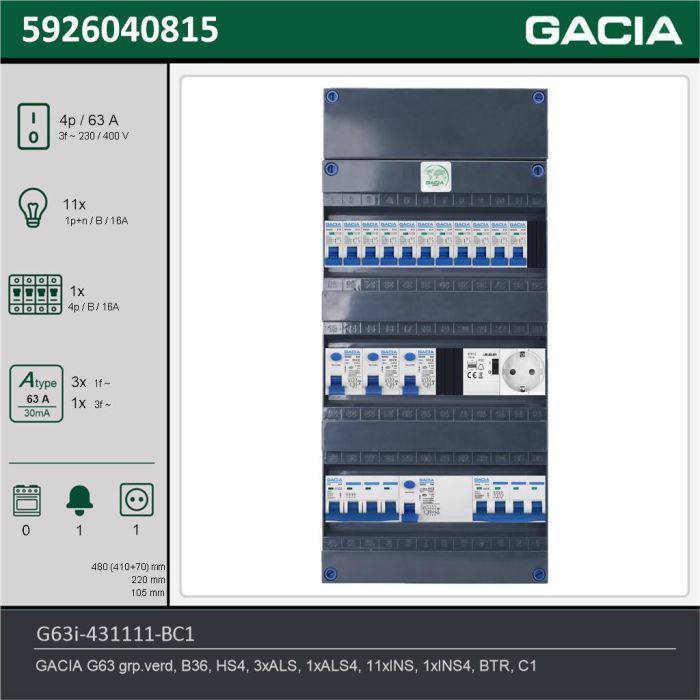 GACIA G63i-431111-BC1, 3-fase groepenkast 63A met installatieautomaten, 12-groepen, beltrafo, 1V-contactdoos, technische gegevens