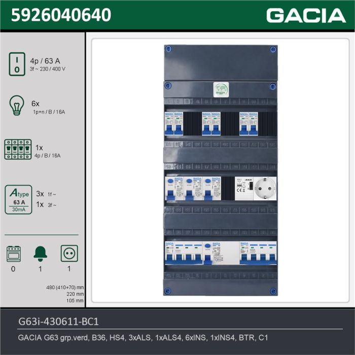 GACIA G63i-430611-BC1, 3-fase groepenkast 63A met installatieautomaten, 7-groepen, beltrafo, 1V-contactdoos, technische gegevens
