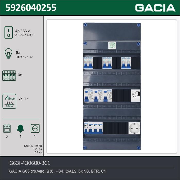 GACIA G63i-430600-BC1, 3-fase groepenkast 63A met installatieautomaten, 6-groepen, beltrafo, 1V-contactdoos, technische gegevens