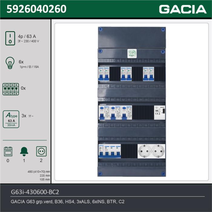 GACIA G63i-430600-BC2, 3-fase groepenkast 63A met installatieautomaten, 6-groepen, beltrafo, 2V-contactdoos, technische gegevens