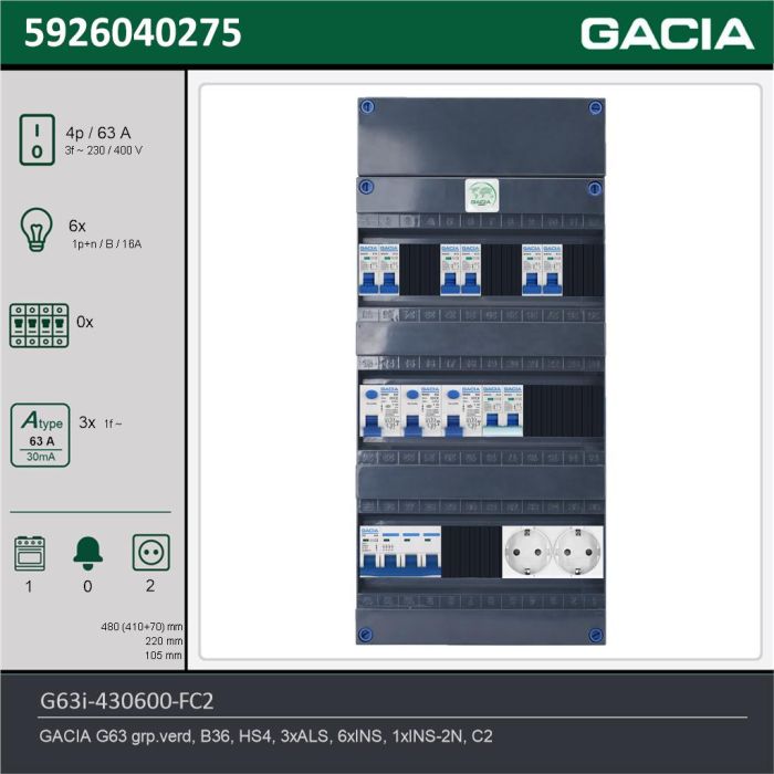 GACIA G63i-430600-FC2, 3-fase groepenkast 63A met installatieautomaten, 7-groepen, fornuisgroep, 2V-contactdoos, technische gegevens