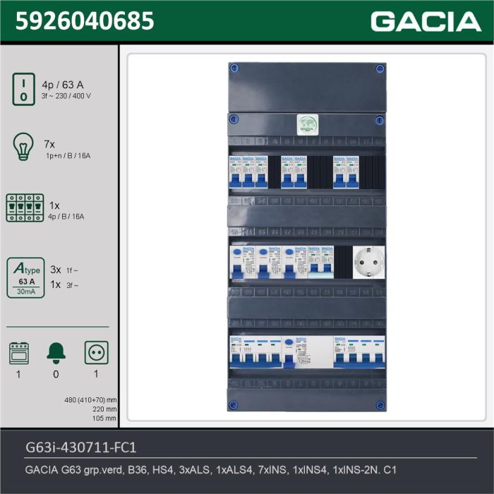 GACIA G63i-430711-FC1, 3-fase groepenkast 63A met installatieautomaten, 9-groepen, fornuisgroep, 1V-contactdoos, technische gegevens