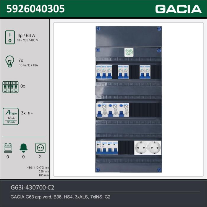 GACIA G63i-430700-C2, 3-fase groepenkast 63A met installatieautomaten, 7-groepen, 2V-contactdoos, technische gegevens
