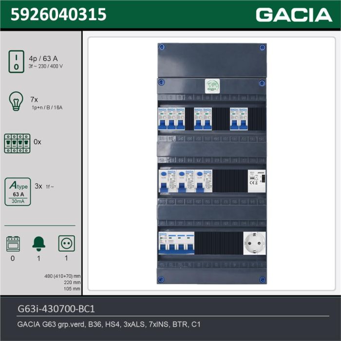 GACIA G63i-430700-BC1, 3-fase groepenkast 63A met installatieautomaten, 7-groepen, beltrafo, 1V-contactdoos, technische gegevens
