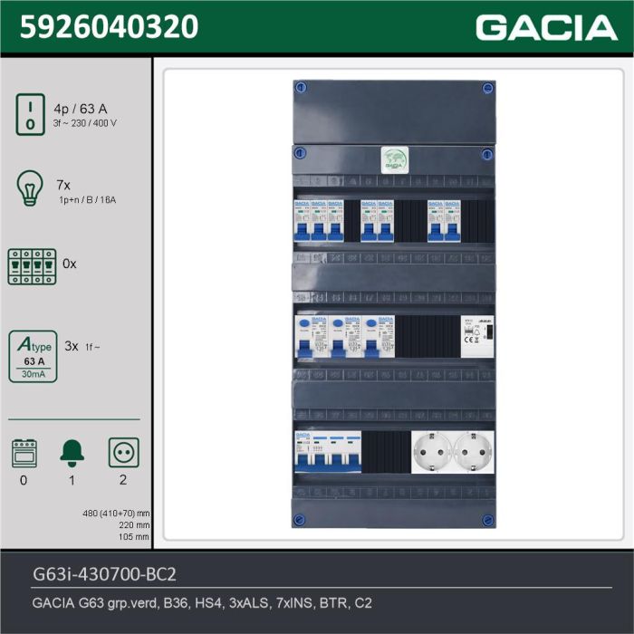 GACIA G63i-430700-BC2, 3-fase groepenkast 63A met installatieautomaten, 7-groepen, beltrafo, 2V-contactdoos, technische gegevens