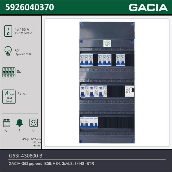 GACIA G63i-430800-B, 3-fase groepenkast 63A met installatieautomaten, 8-groepen, beltrafo, technische gegevens
