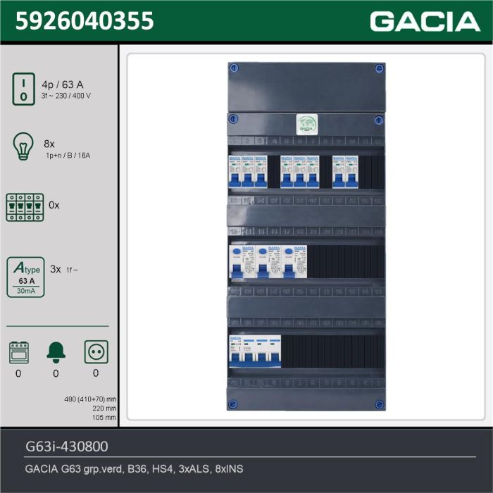GACIA G63i-430800, 3-fase groepenkast 63A met installatieautomaten, 8-groepen, technische gegevens