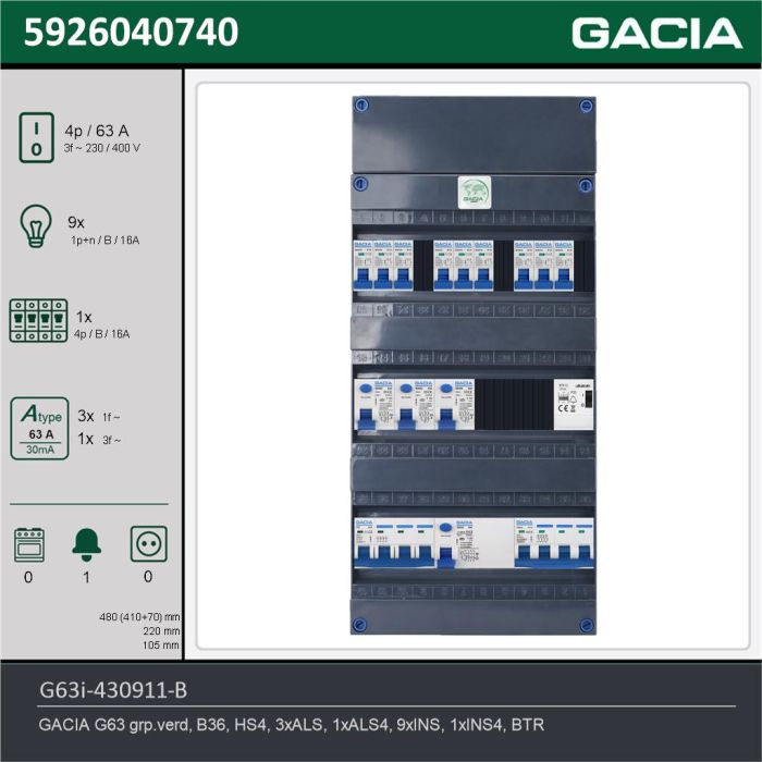 GACIA G63i-430911-B, 3-fase groepenkast 63A met installatieautomaten, 10-groepen, beltrafo, technische gegevens