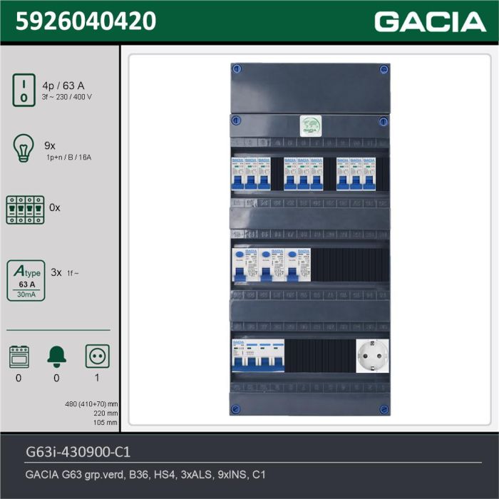 GACIA G63i-430900-C1, 3-fase groepenkast 63A met installatieautomaten, 9-groepen, 1V-contactdoos, technische gegevens