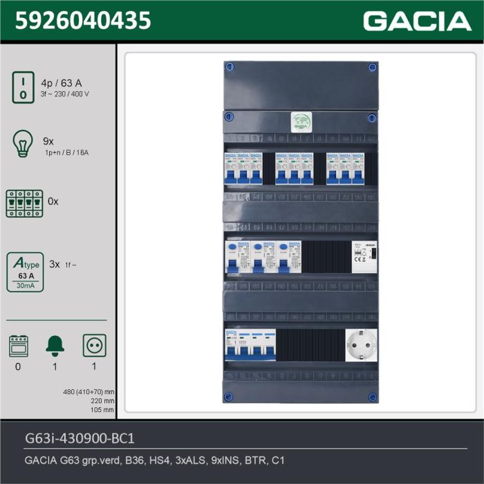 GACIA G63i-430900-BC1, 3-fase groepenkast 63A met installatieautomaten, 9-groepen, beltrafo, 1V-contactdoos, technische gegevens