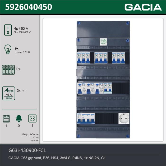 GACIA G63i-430900-FC1, 3-fase groepenkast 63A met installatieautomaten, 10-groepen, fornuisgroep, 1V-contactdoos, technische gegevens