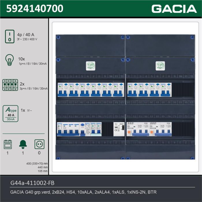 GACIA G44a-411002-FB, 3-fase groepenkast 40A met aardlekautomaten, 13-groepen, fornuisgroep, beltrafo, technische gegevens