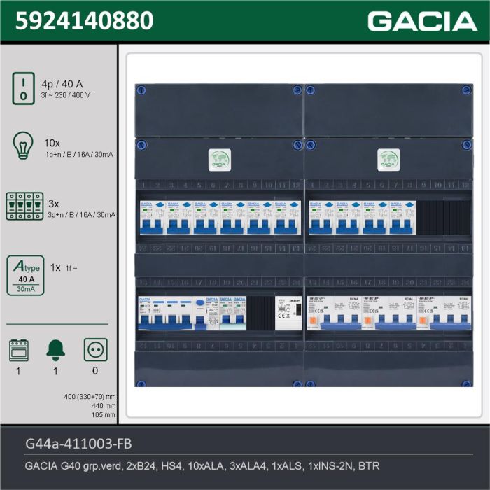 GACIA G44a-411003-FB, 3-fase groepenkast 40A met aardlekautomaten, 14-groepen, fornuisgroep, beltrafo, technische gegevens