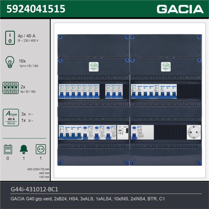 GACIA G44i-431012-BC1, 3-fase groepenkast 40A met installatieautomaten, 12-groepen, beltrafo, 1V-contactdoos, technische gegevens