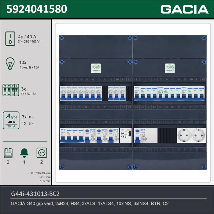 GACIA G44i-431013-BC2, 3-fase groepenkast 40A met installatieautomaten, 13-groepen, beltrafo, 2V-contactdoos, technische gegevens