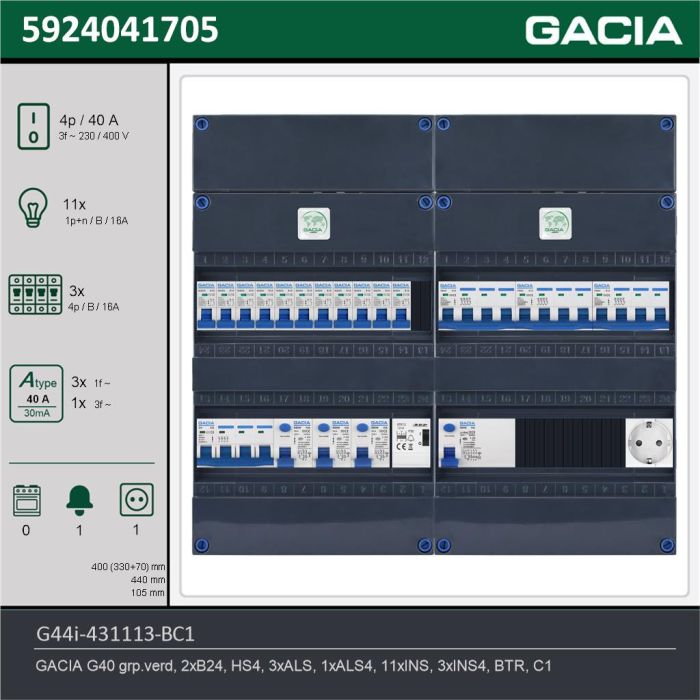 GACIA G44i-431113-BC1, 3-fase groepenkast 40A met installatieautomaten, 14-groepen, beltrafo, 1V-contactdoos, technische gegevens