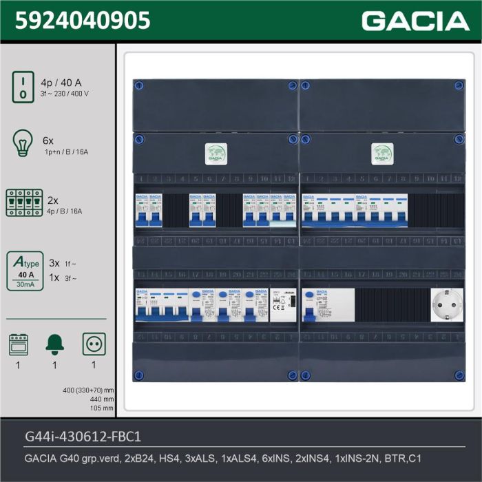 GACIA G44i-430612-FBC1, 3-fase groepenkast 40A met installatieautomaten, 9-groepen, fornuisgroep, beltrafo, 1V-contactdoos, technische gegevens