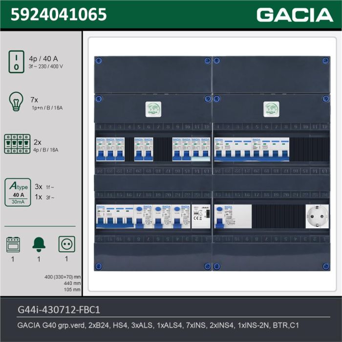 GACIA G44i-430712-FBC1, 3-fase groepenkast 40A met installatieautomaten, 10-groepen, fornuisgroep, beltrafo, 1V-contactdoos, technische gegevens