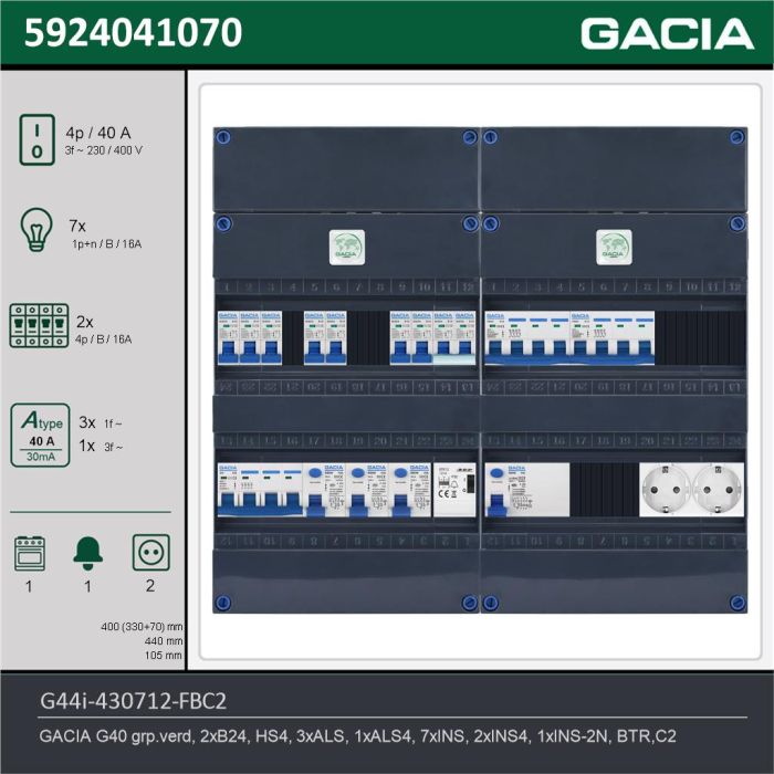 GACIA G44i-430712-FBC2, 3-fase groepenkast 40A met installatieautomaten, 10-groepen, fornuisgroep, beltrafo, 2V-contactdoos, technische gegevens