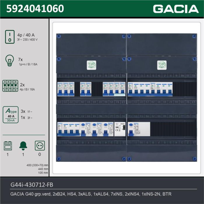 GACIA G44i-430712-FB, 3-fase groepenkast 40A met installatieautomaten, 10-groepen, fornuisgroep, beltrafo, technische gegevens