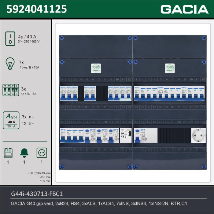 GACIA G44i-430713-FBC1, 3-fase groepenkast 40A met installatieautomaten, 11-groepen, fornuisgroep, beltrafo, 1V-contactdoos, technische gegevens