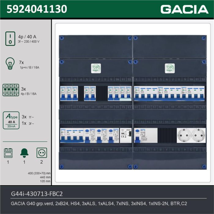 GACIA G44i-430713-FBC2, 3-fase groepenkast 40A met installatieautomaten, 11-groepen, fornuisgroep, beltrafo, 2V-contactdoos, technische gegevens