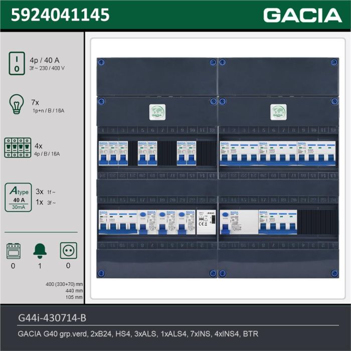 GACIA G44i-430714-B, 3-fase groepenkast 40A met installatieautomaten, 11-groepen, beltrafo, technische gegevens