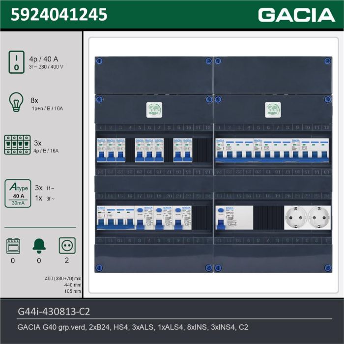 GACIA G44i-430813-C2, 3-fase groepenkast 40A met installatieautomaten, 11-groepen, 2V-contactdoos, technische gegevens