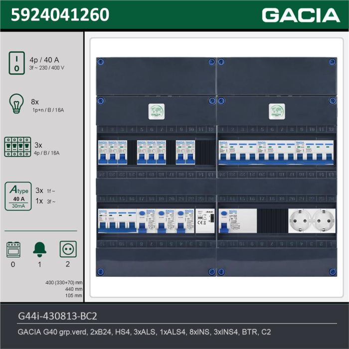 GACIA G44i-430813-BC2, 3-fase groepenkast 40A met installatieautomaten, 11-groepen, beltrafo, 2V-contactdoos, technische gegevens